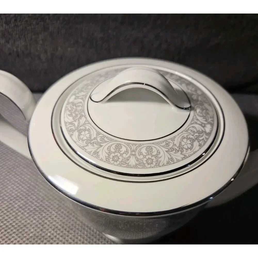 Noritake China Naples 6975 Tea Pot Sugar Bowl And Creamer White Gray Trim